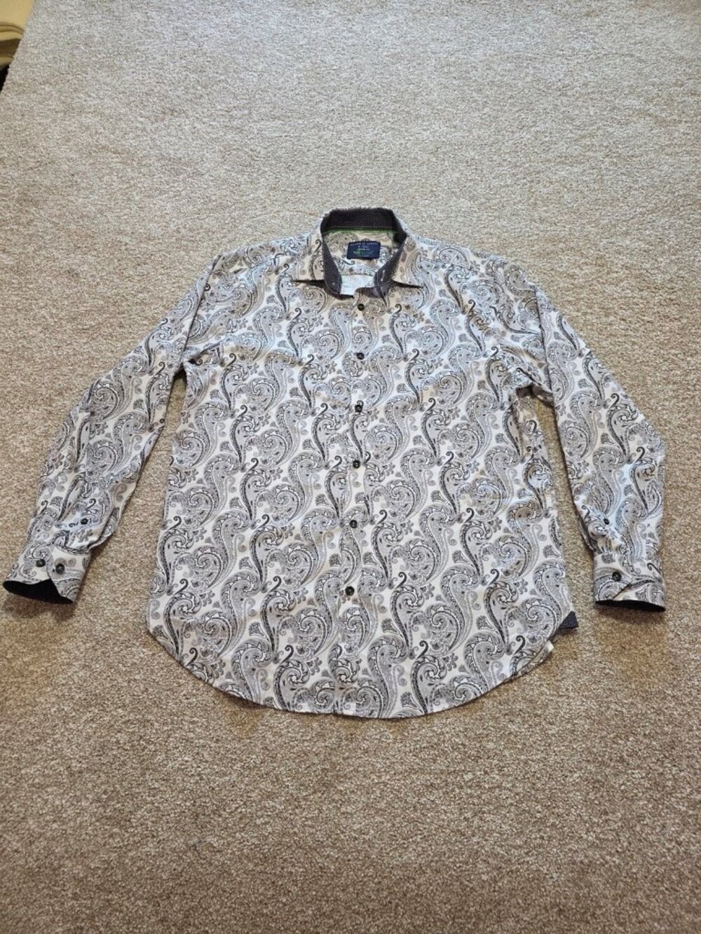 Society Of Threads Black Paisley Print On White Long Sleeve Dress Shirt Size L